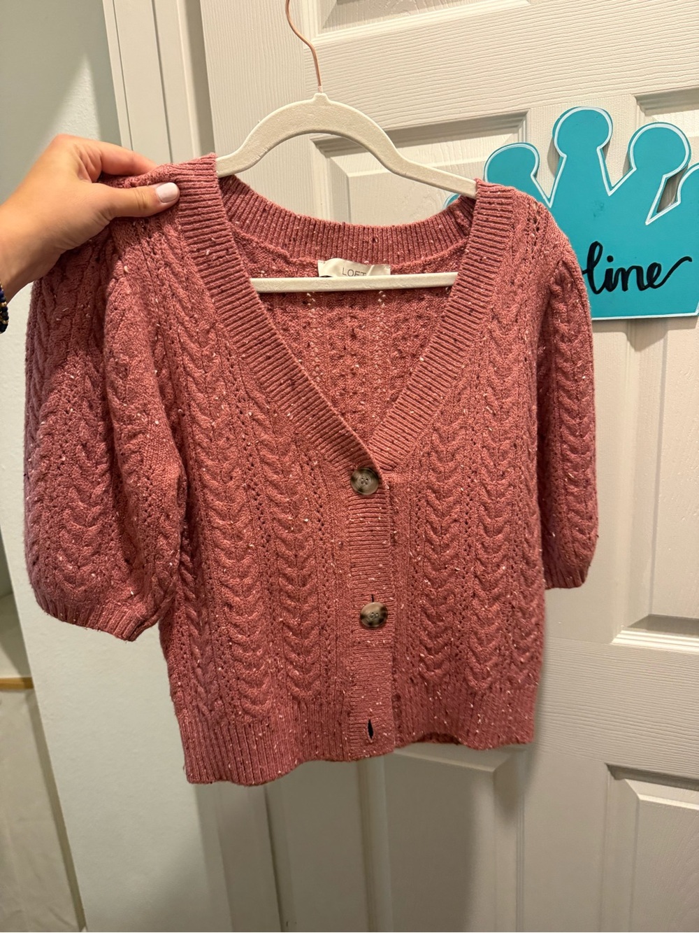LOFT Dusty Rose Cable-Knit V-Neck Button Cardigan